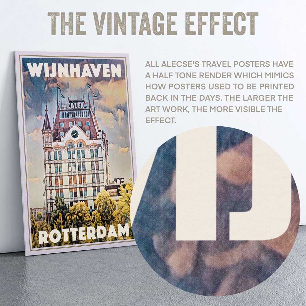 Technique de demi-teinte emblématique d'Alecse sur l'affiche de voyage des Pays-Bas « Wijnhaven Rotterdam »