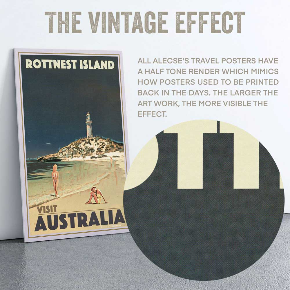 Detail of Alecse's signature half-tone style on the Rottnest Island poster, capturing the essence of Australian beaches