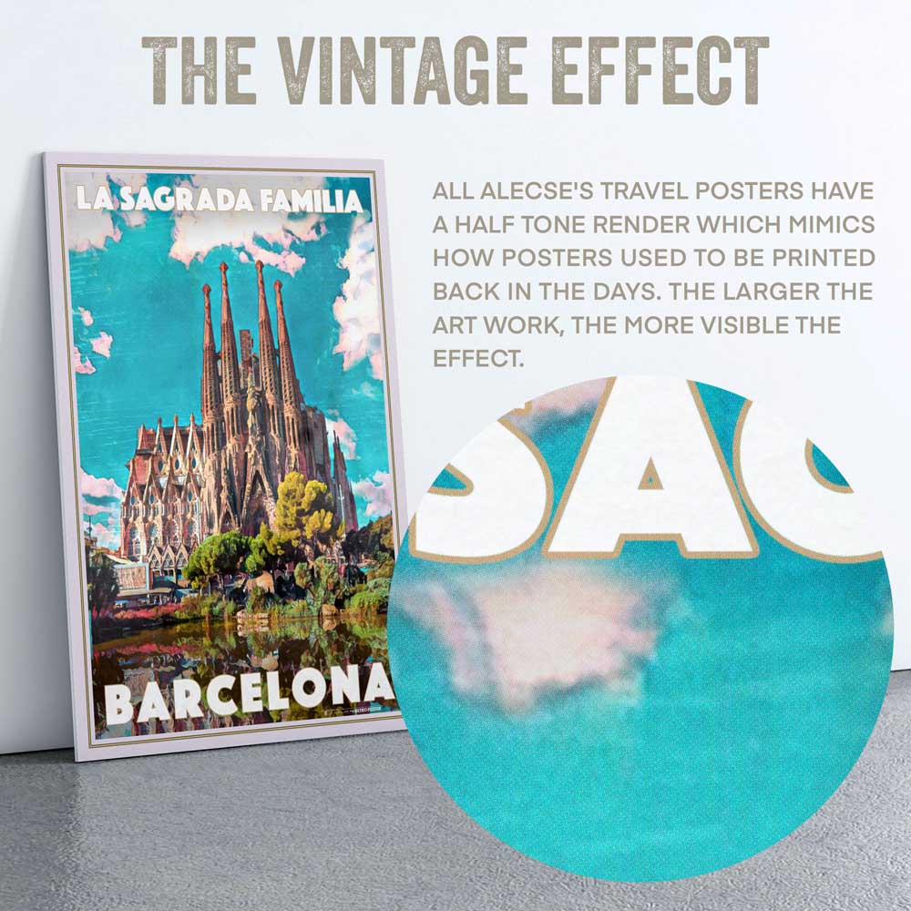 Macro shot revealing the half-tone render of Alecse's Sagrada Familia poster, signature style of the artist