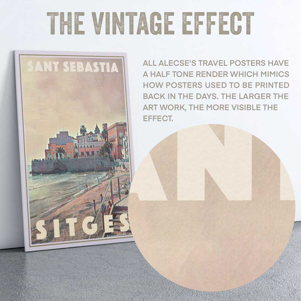 Detail of Alecse’s half-tone render style in a limited edition travel poster of Sitges, Catalonia