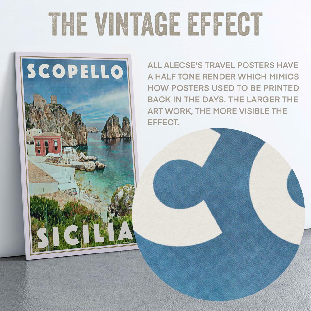 Macro detail of the Scopello travel poster’s halftone texture, illustrating Alecse’s signature vintage print effect inspired by mid-century travel advertising