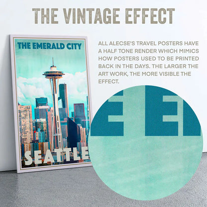 Close-up halftone effect detail of Seattle travel poster by Alecse