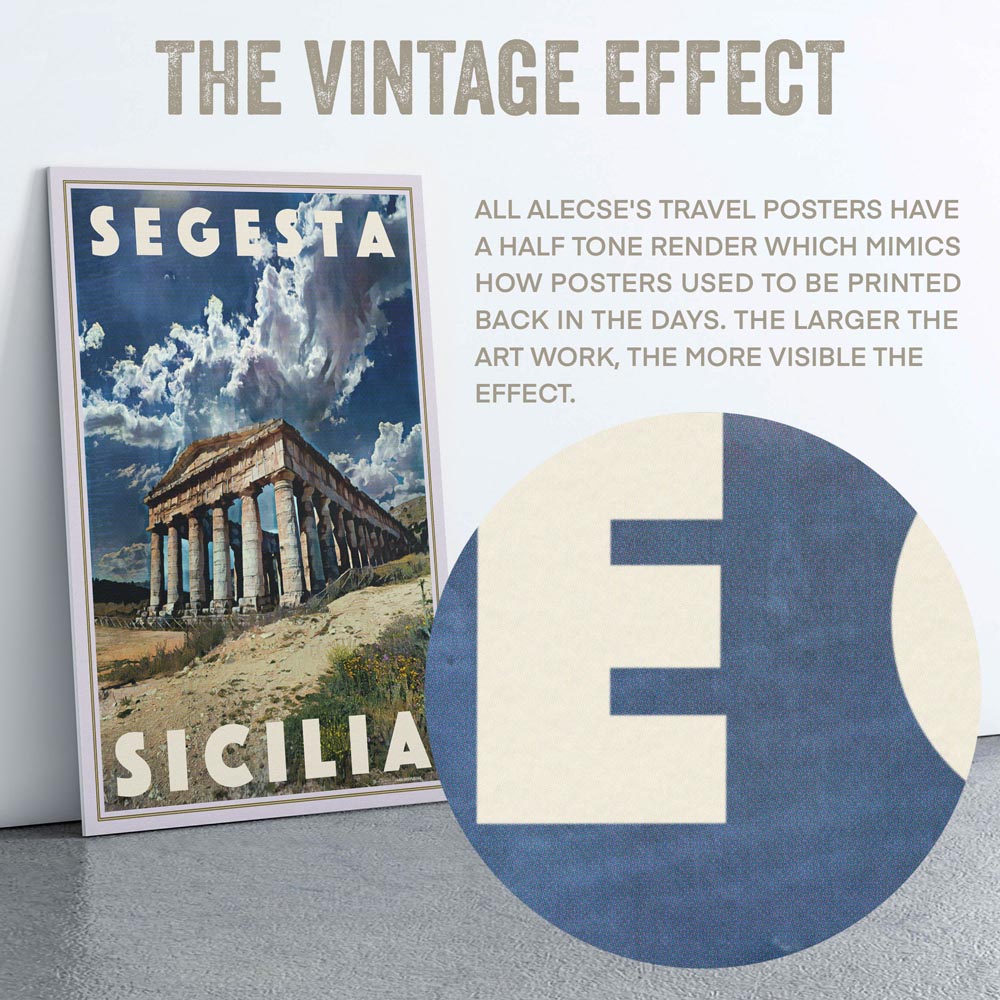 A demonstration of the half-tone rendering technique, showing the vintage texture effect on Alecse’s Segesta travel poster