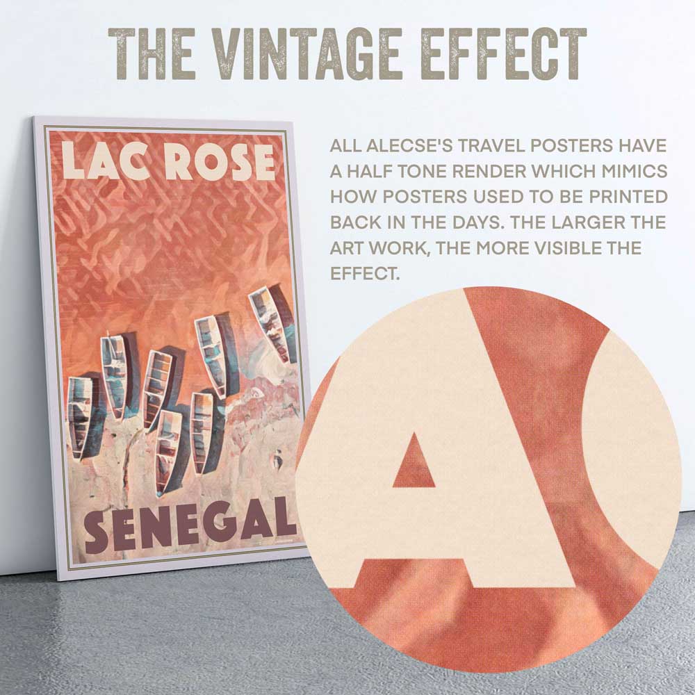 Vue macro de l'affiche de Pink Lake d'Alecse révélant le style distinctif en demi-teinte de la représentation de Lac Rose