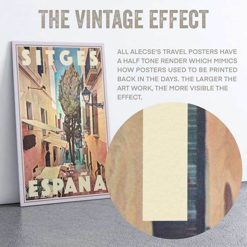 Close-up of the half-tone effect in Alecse's travel poster of Sitges