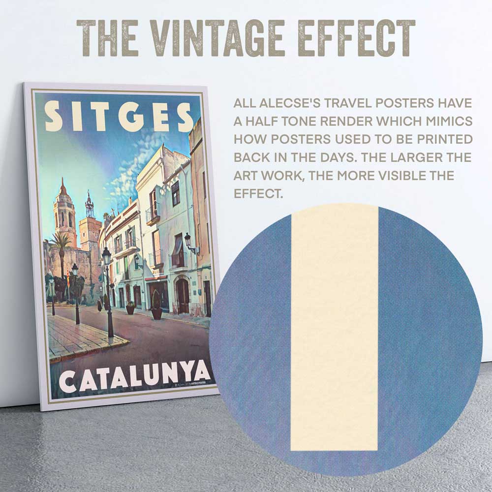Detailed View of Alecse's Signature Half-Tone Style on Sitges Travel Poster