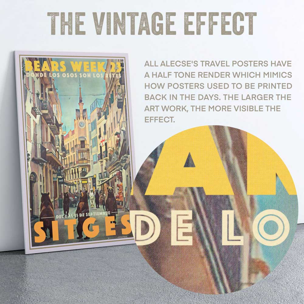 Close-up view of the artistic details in the 'Bears Week 23' Sitges poster by Alecse™, capturing the playful spirit of the event