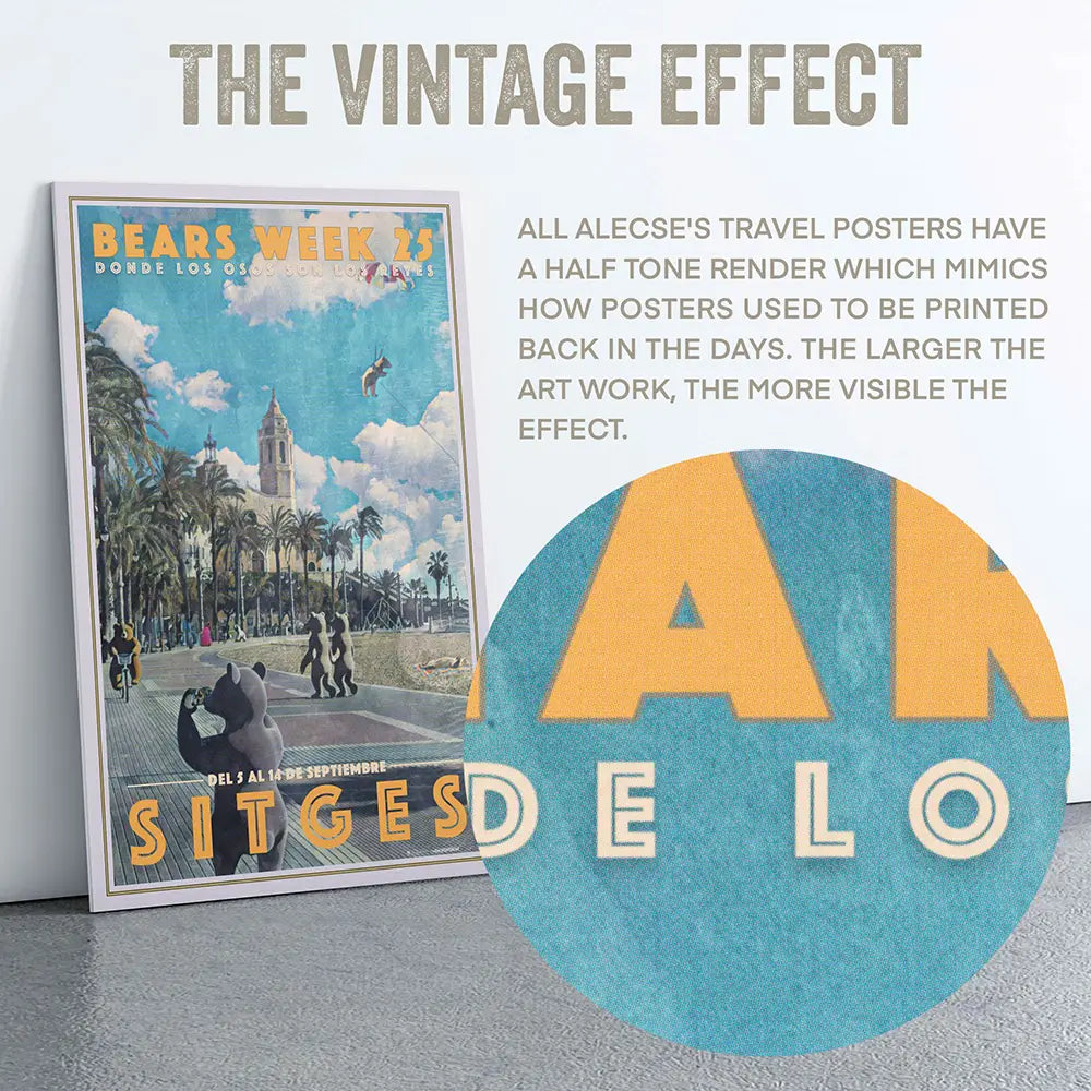 Close-up detail of Bears Week 25 Sitges poster showing vintage typography, halftone texture and fine art print quality