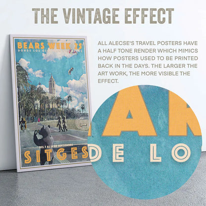 Close-up detail of Bears Week 25 Sitges poster showing vintage typography, halftone texture and fine art print quality
