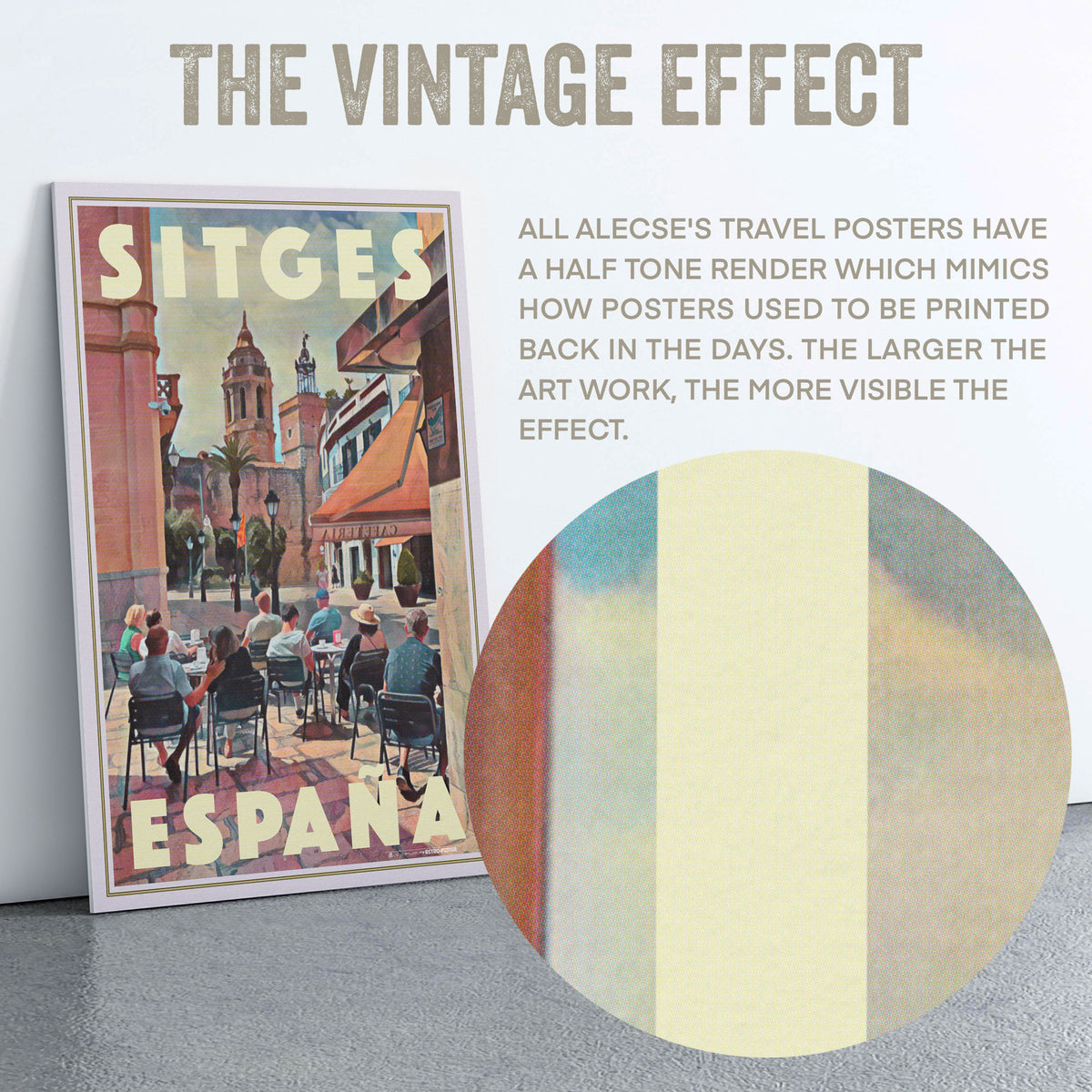 Zoomed circular magnified section showing the halftone vintage-print texture used in Alecse’s Sitges Café poster.