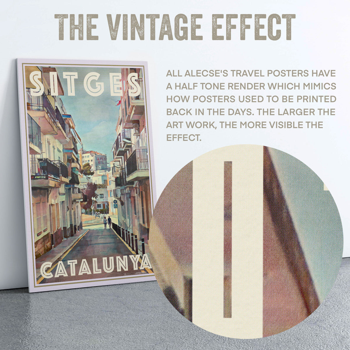 Macro detail of halftone texture from Alecse’s Sitges Calipolis travel poster — authentic vintage printing effect.
