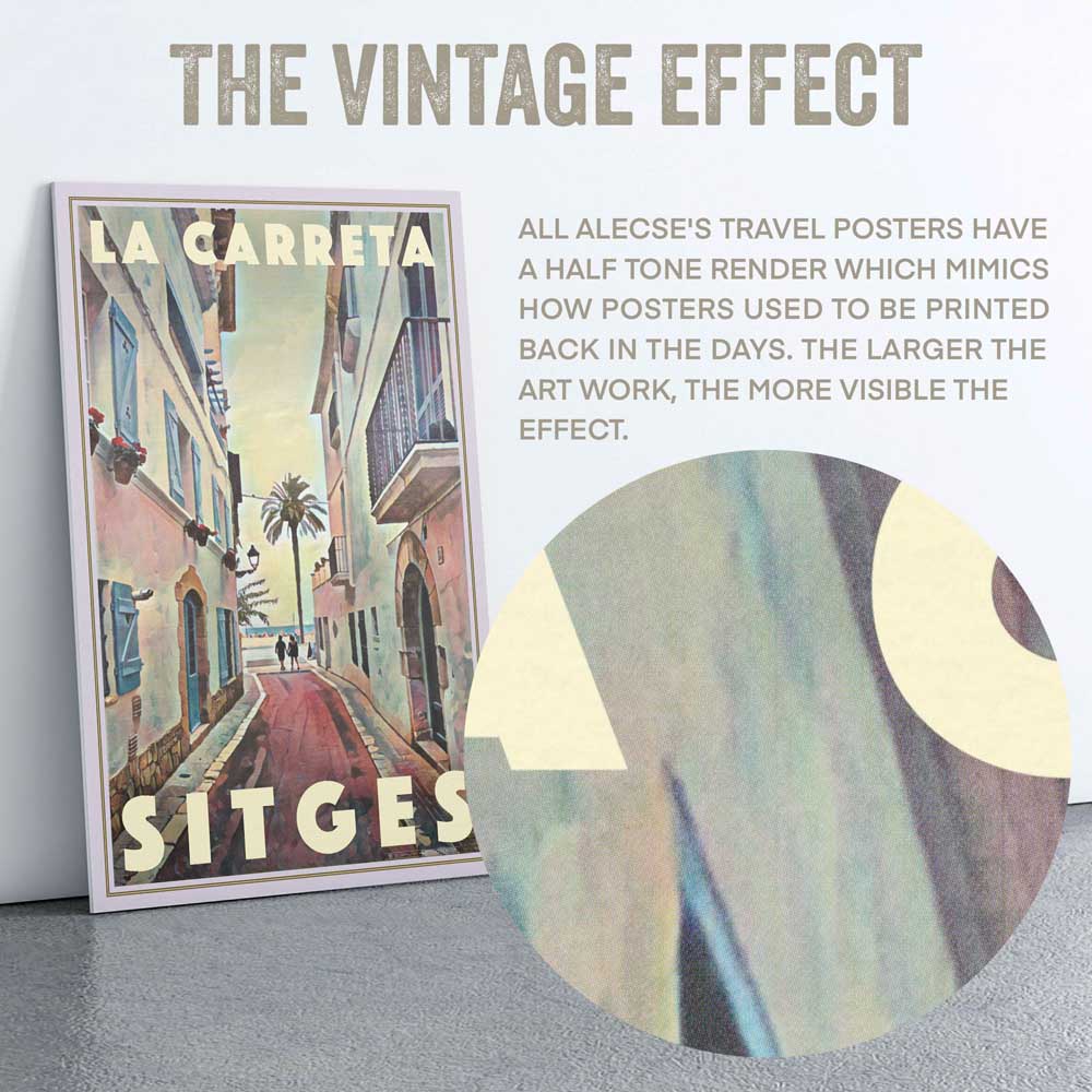 Vue rapprochée de la texture demi-teinte de l'affiche Sitges « Carreta B » d'Alecse™, ajoutant un charme vintage.