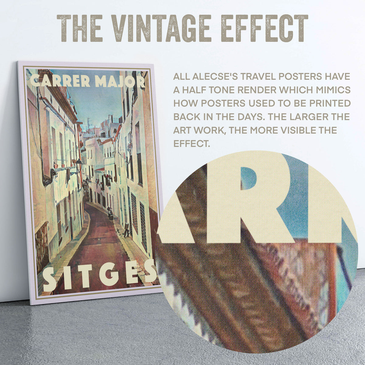 Macro detail of halftone texture from Alecse’s Carrer Major Sitges poster, replicating vintage print technique.
