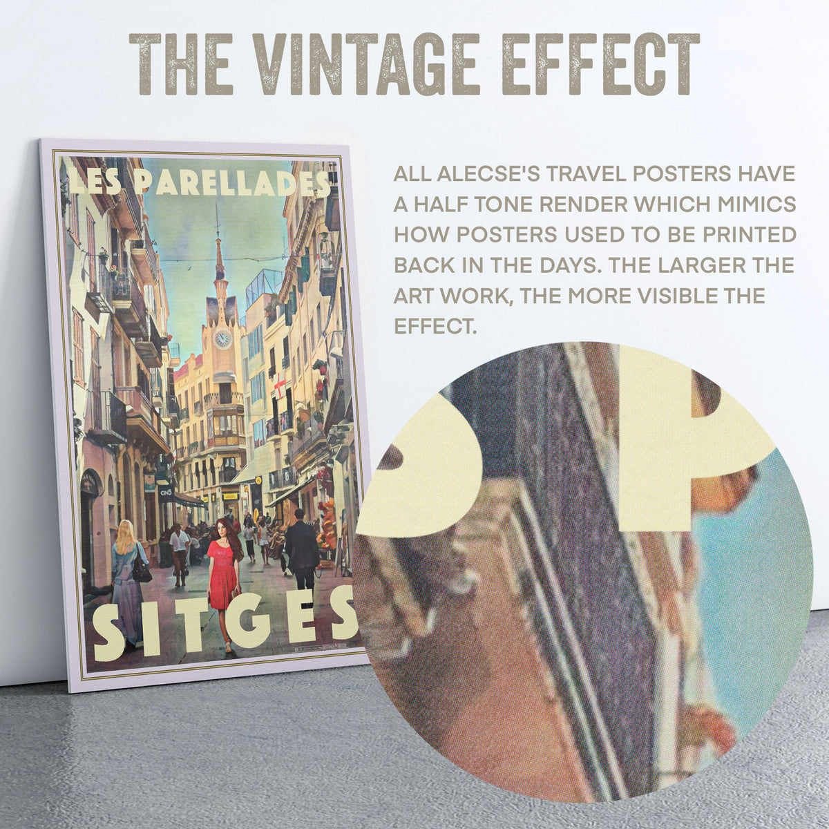 Macro detail of halftone texture from Alecse’s Les Parellades Sitges poster, replicating mid-century print effect.