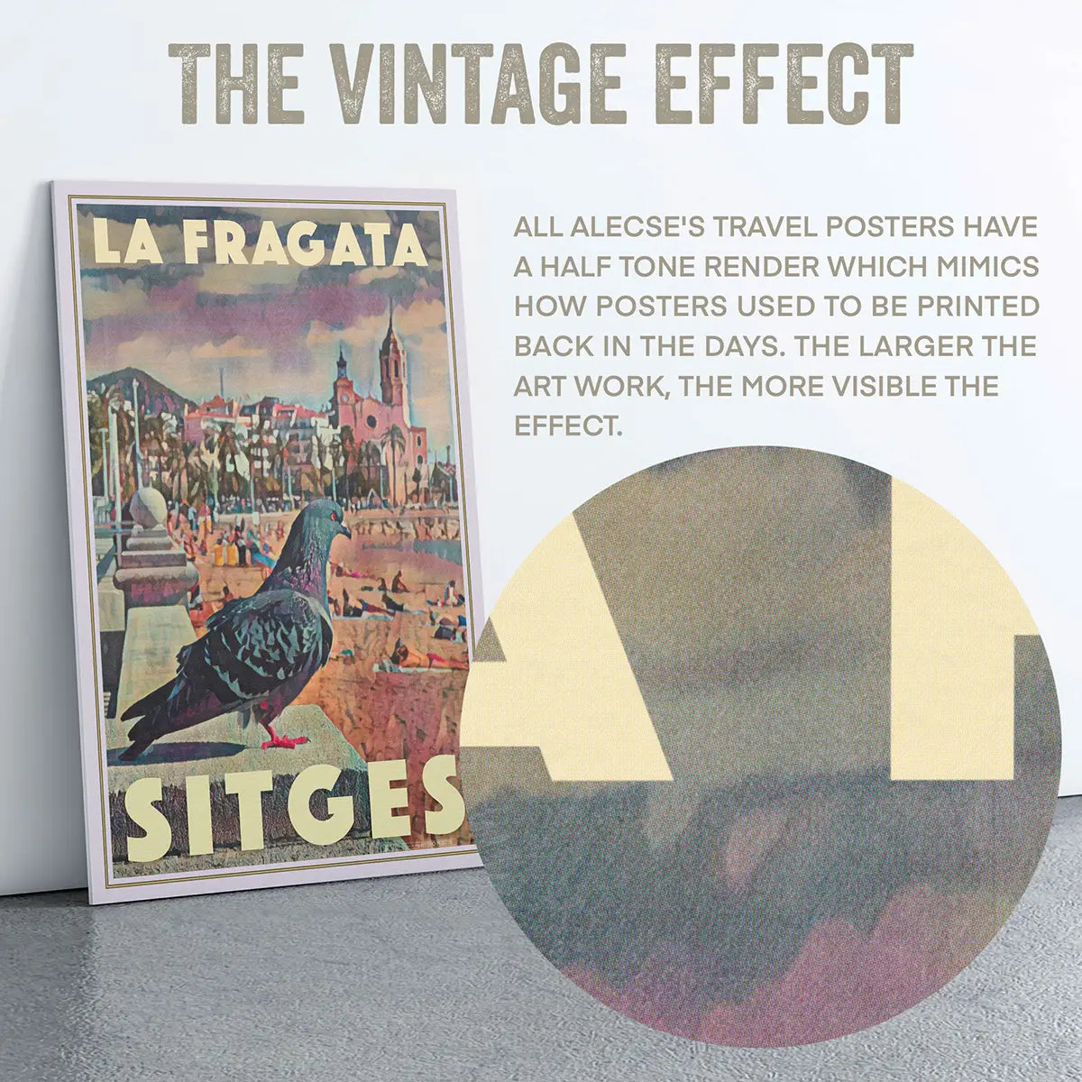 Magnified detail of the halftone grain on Alecse’s Sitges Pigeon poster, showing the vintage print texture