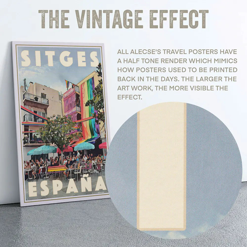 Close-up of Sitges Pride poster showing halftone vintage effect