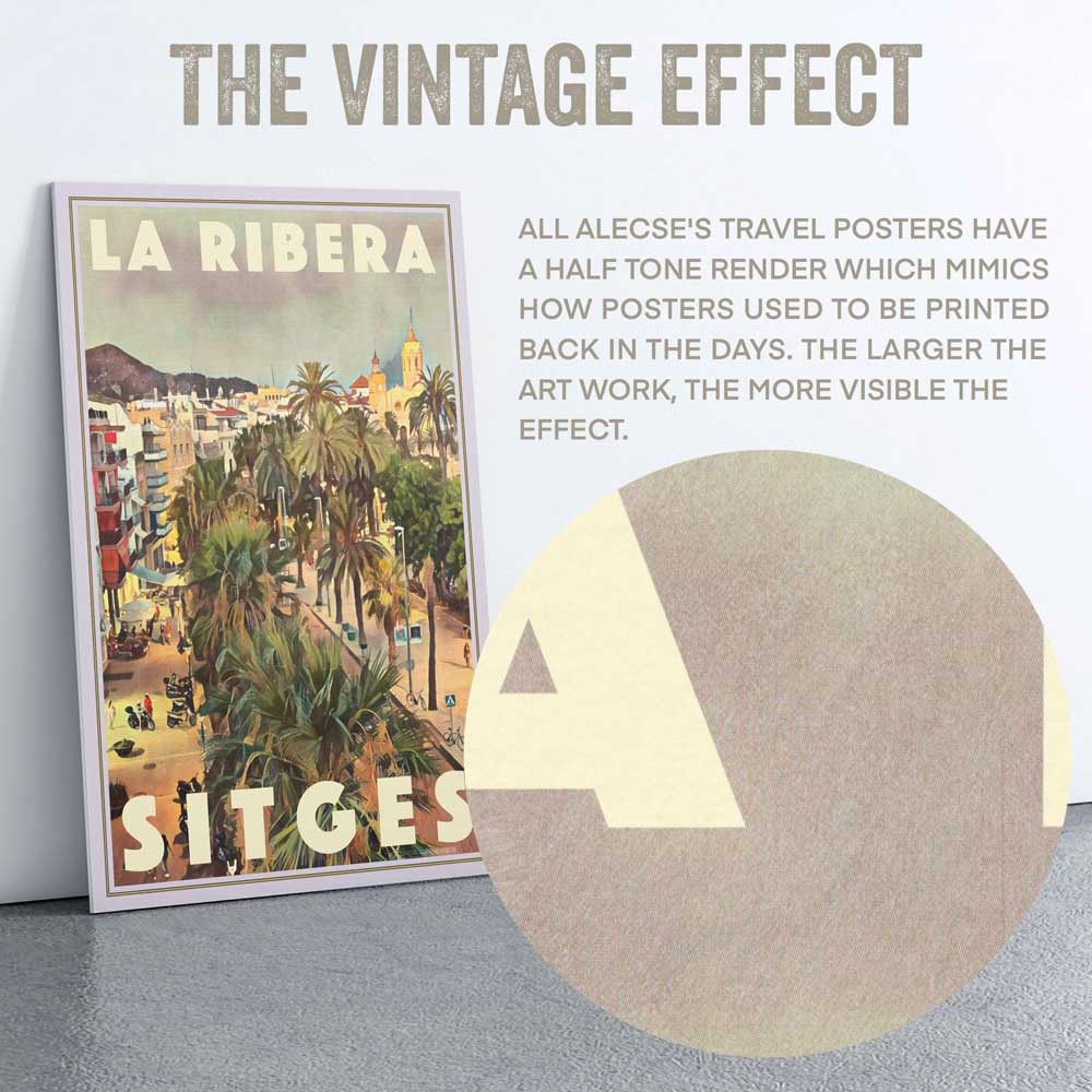Close-up view of the half-tone texture in the Sitges poster 'Ribera' by Alecse™, adding vintage charm