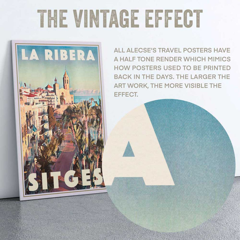 Macro view of poster top title letters showcasing Alecse's half-tone render style in Sitges poster