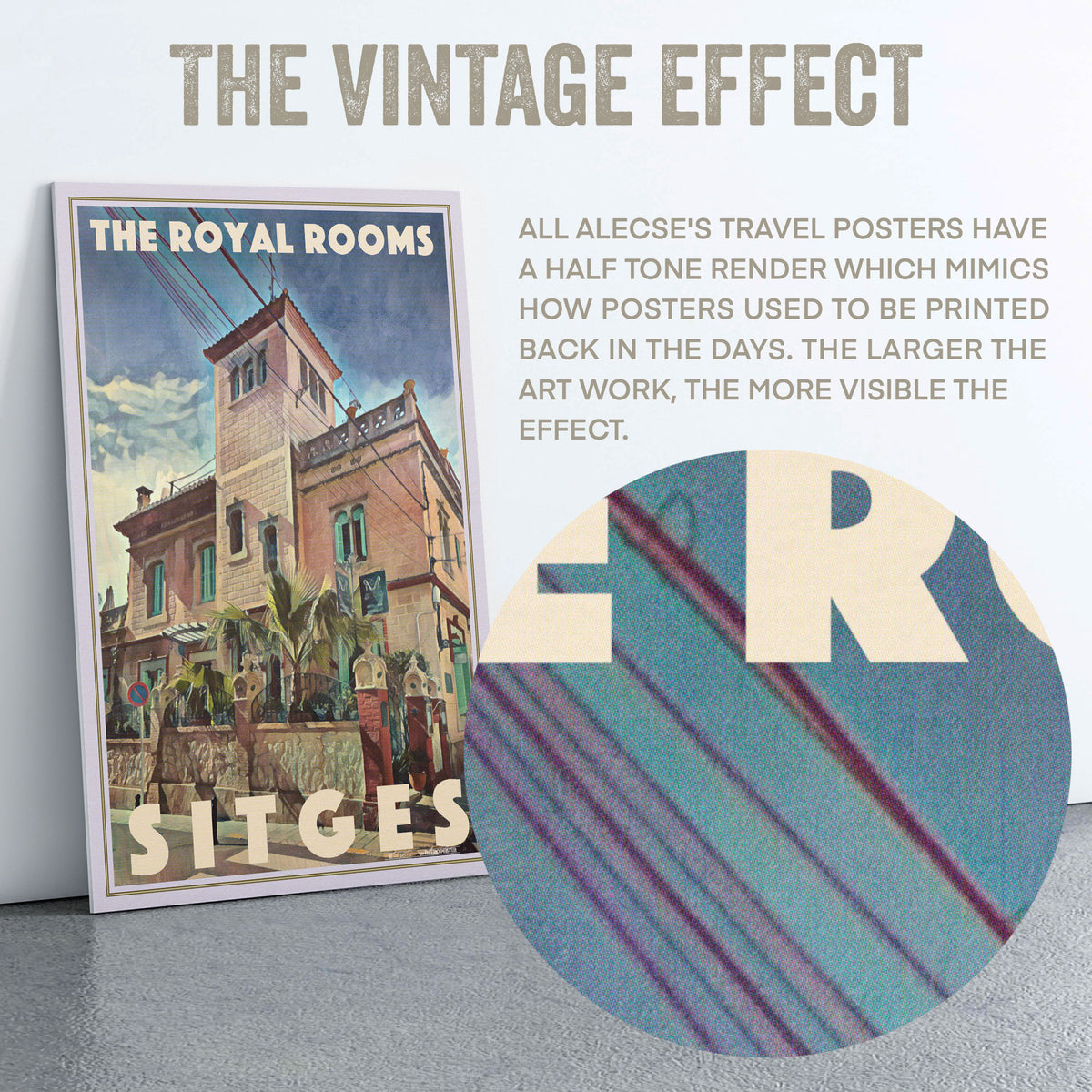 Macro view of halftone texture from Alecse’s The Royal Rooms Sitges poster, emulating authentic 1950s printing.
