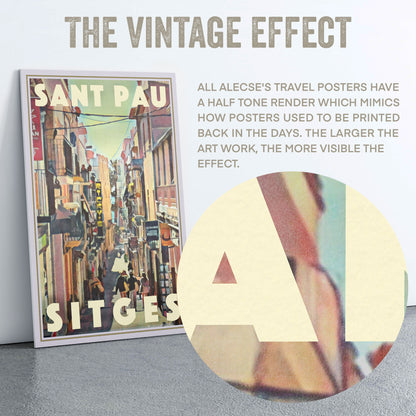 Macro detail of halftone texture from Alecse’s Sant Pau Sitges poster, replicating authentic mid-century print style.