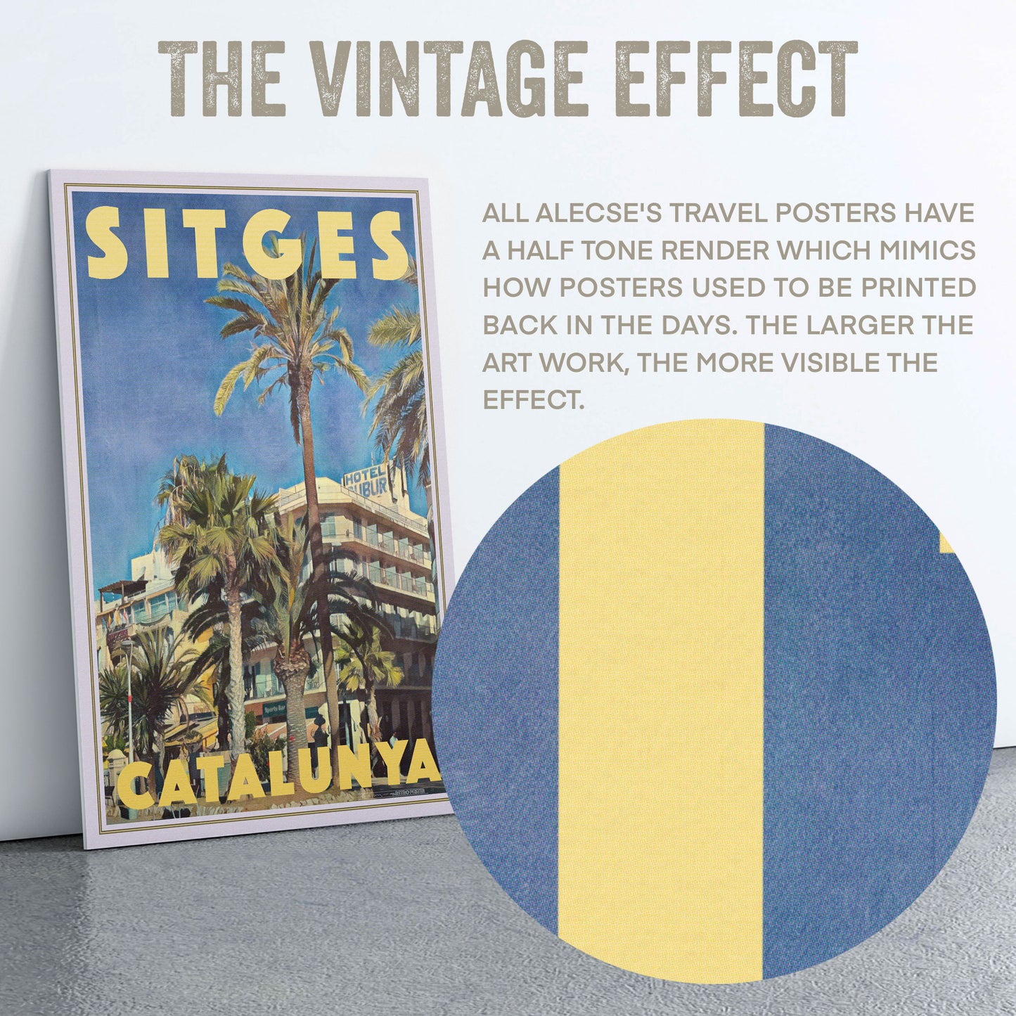 Macro detail of halftone print texture from Alecse’s Hotel Subur Sitges poster, emulating 1950s lithographic style.