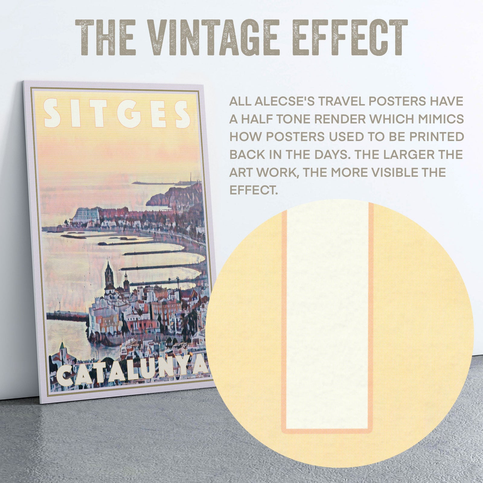 Macro detail of vintage halftone print texture from Alecse’s Sitges Sunrise poster, emulating 1950s printing.