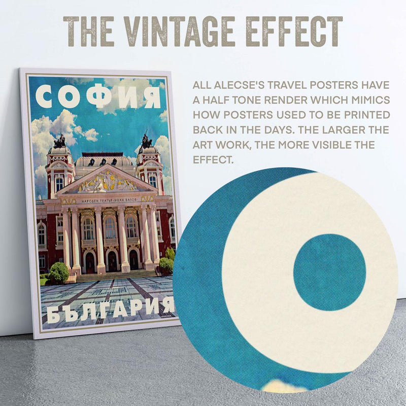 Macro shot of the halftone texture on the Sofia Theater poster, enhancing its retro aesthetic