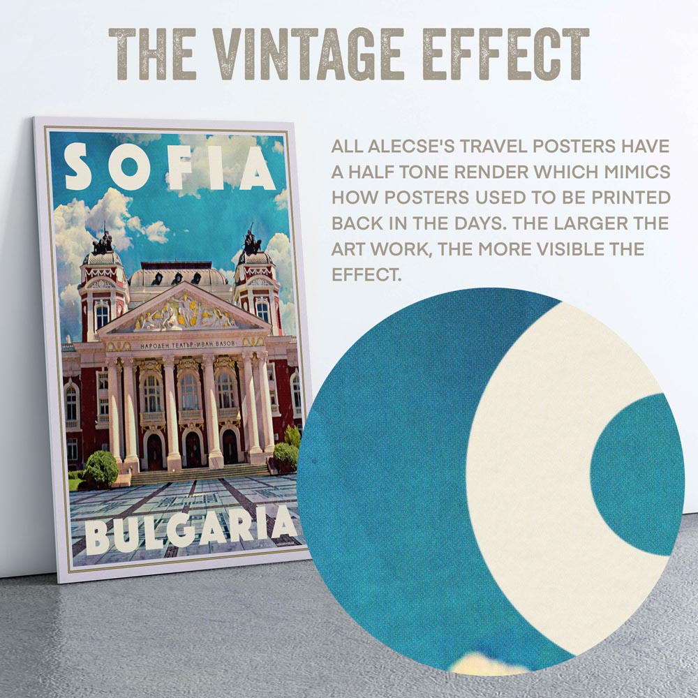 Macro shot highlighting Alecse’s signature halftone texture, giving the Sofia Theater artwork a distinctive vintage look