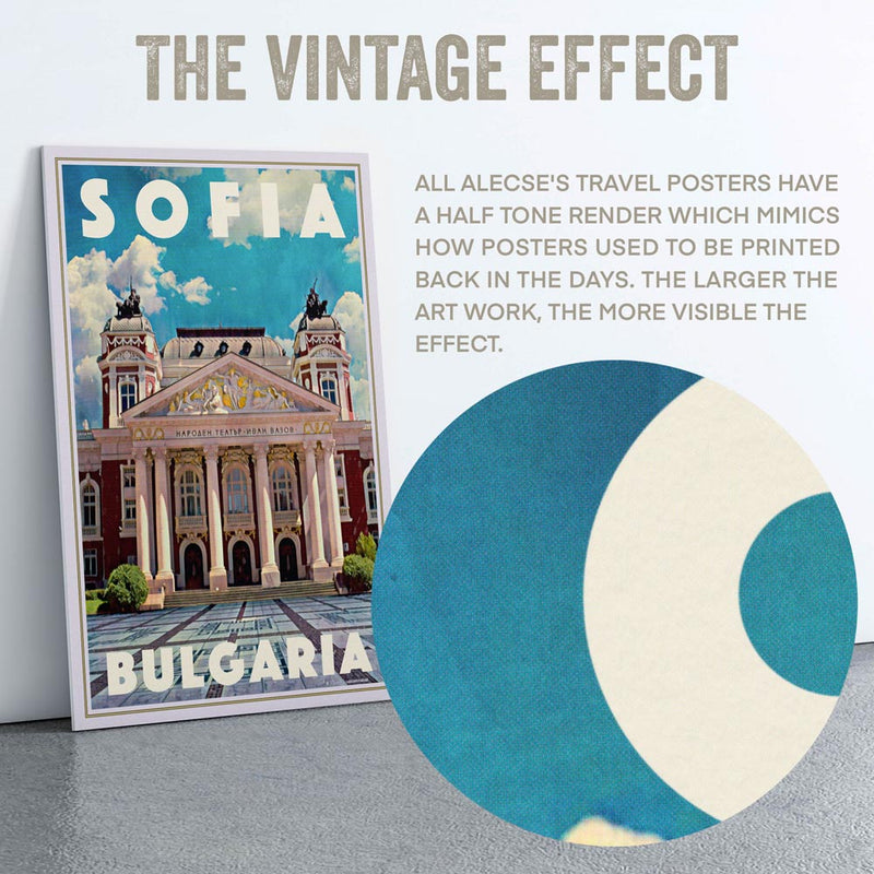 Macro shot highlighting Alecse’s signature halftone texture, giving the Sofia Theater artwork a distinctive vintage look