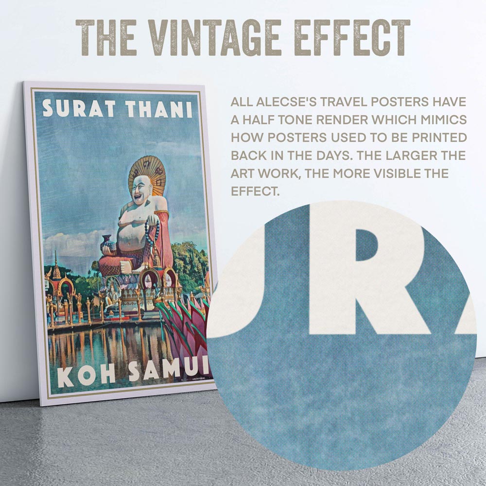 Macro detail of the Laughing Buddha poster title letters, featuring Alecse’s signature half-tone rendering technique