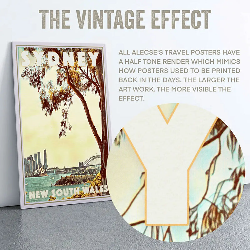 Vintage-style travel poster with a half-tone render effect, featuring a tree and Sydney's cityscape.