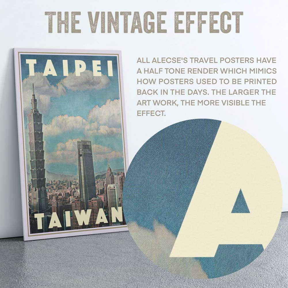 A zoomed-in view of the Taipei 101 travel poster, showcasing the signature half-tone print effect used in Alecse’s artwork
