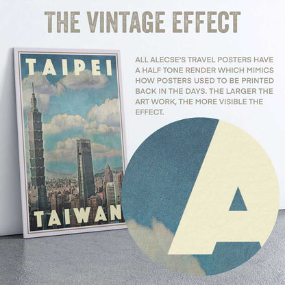 A zoomed-in view of the Taipei 101 travel poster, showcasing the signature half-tone print effect used in Alecse’s artwork