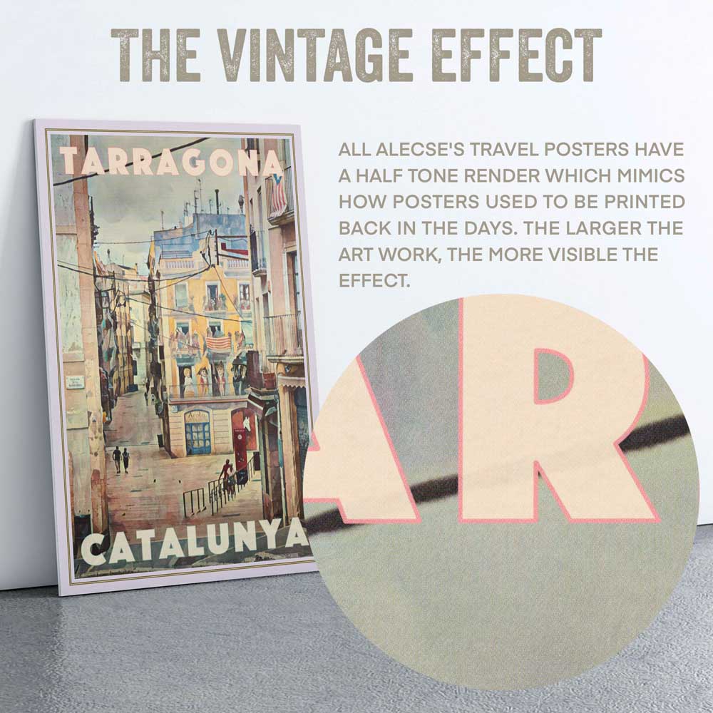 Close-up view of the half-tone texture in the Tarragona poster 'Arola' by Alecse™, adding vintage charm