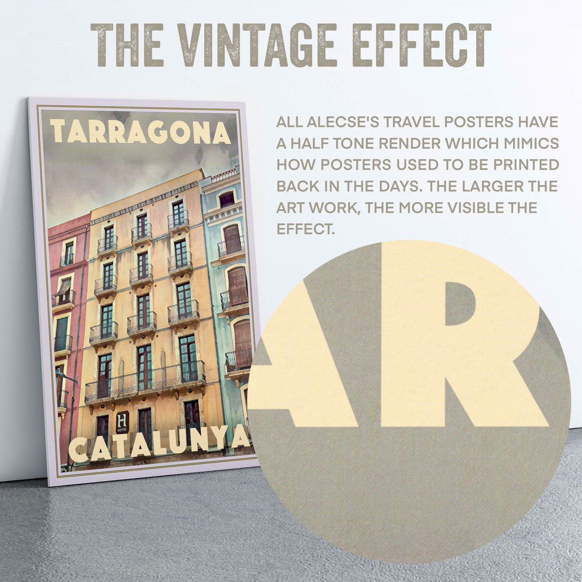 Macro view of halftone rendering from Alecse’s Tarragona La Font poster showing the authentic vintage print effect.