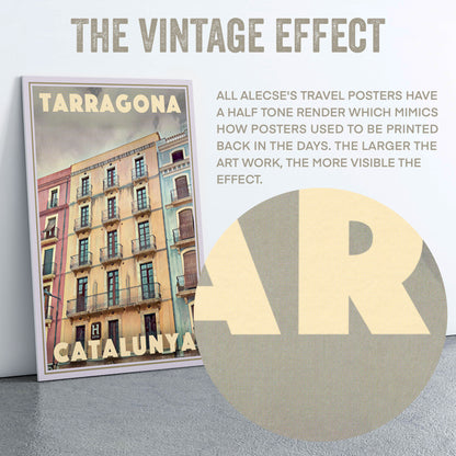 Macro view of halftone rendering from Alecse’s Tarragona La Font poster showing the authentic vintage print effect.