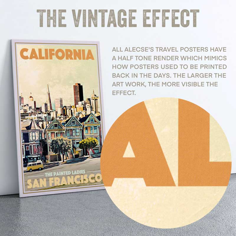 Gros plan sur l'effet de demi-teintes de l'affiche de voyage de San Francisco par Alecse