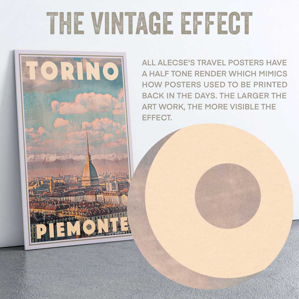 Macro circle view of the Turin poster highlighting Alecse’s signature half-tone render, adding a distinct vintage texture