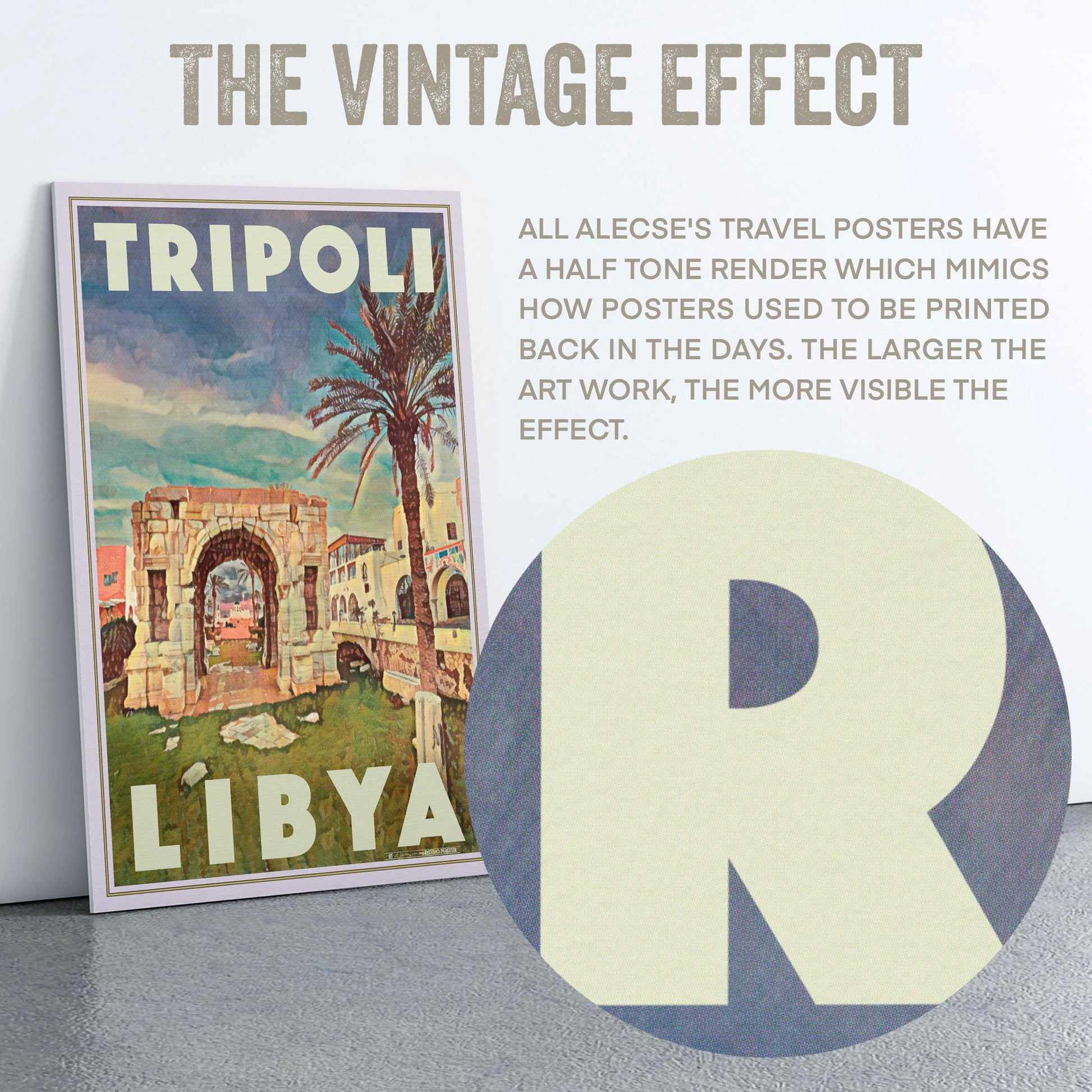 Macro shot of Alecse's Tripoli poster, highlighting the signature half-tone style of the artwork