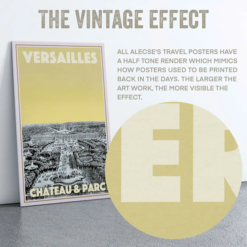 Details of Alecse's signature halftone texture in his Versailles travel posters