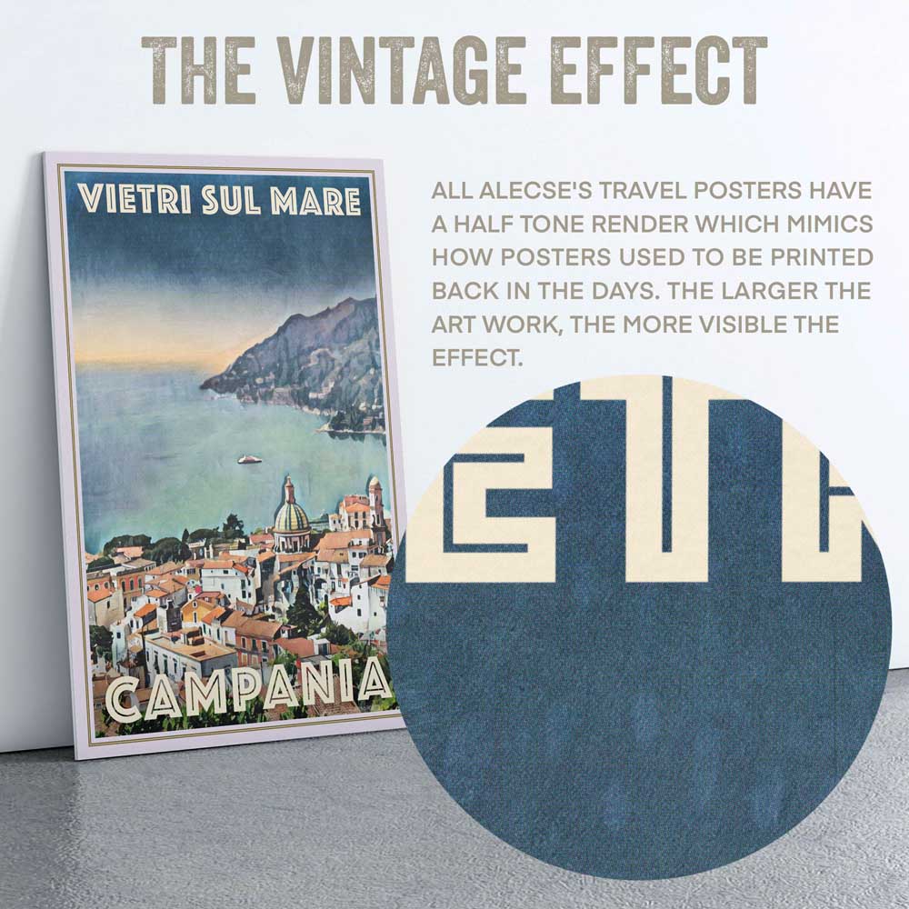 Close-up view of the half-tone texture in the Vietri sul Mare poster, enhancing its vintage charm
