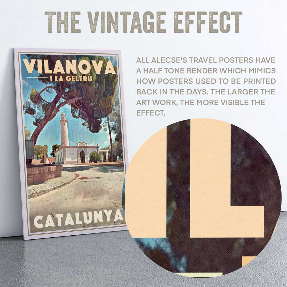 Close-up view of the serene 'Lighthouse Serenity' in the Vilanova i la Geltru poster by Alecse™, capturing coastal beauty on a sunny afternoon.