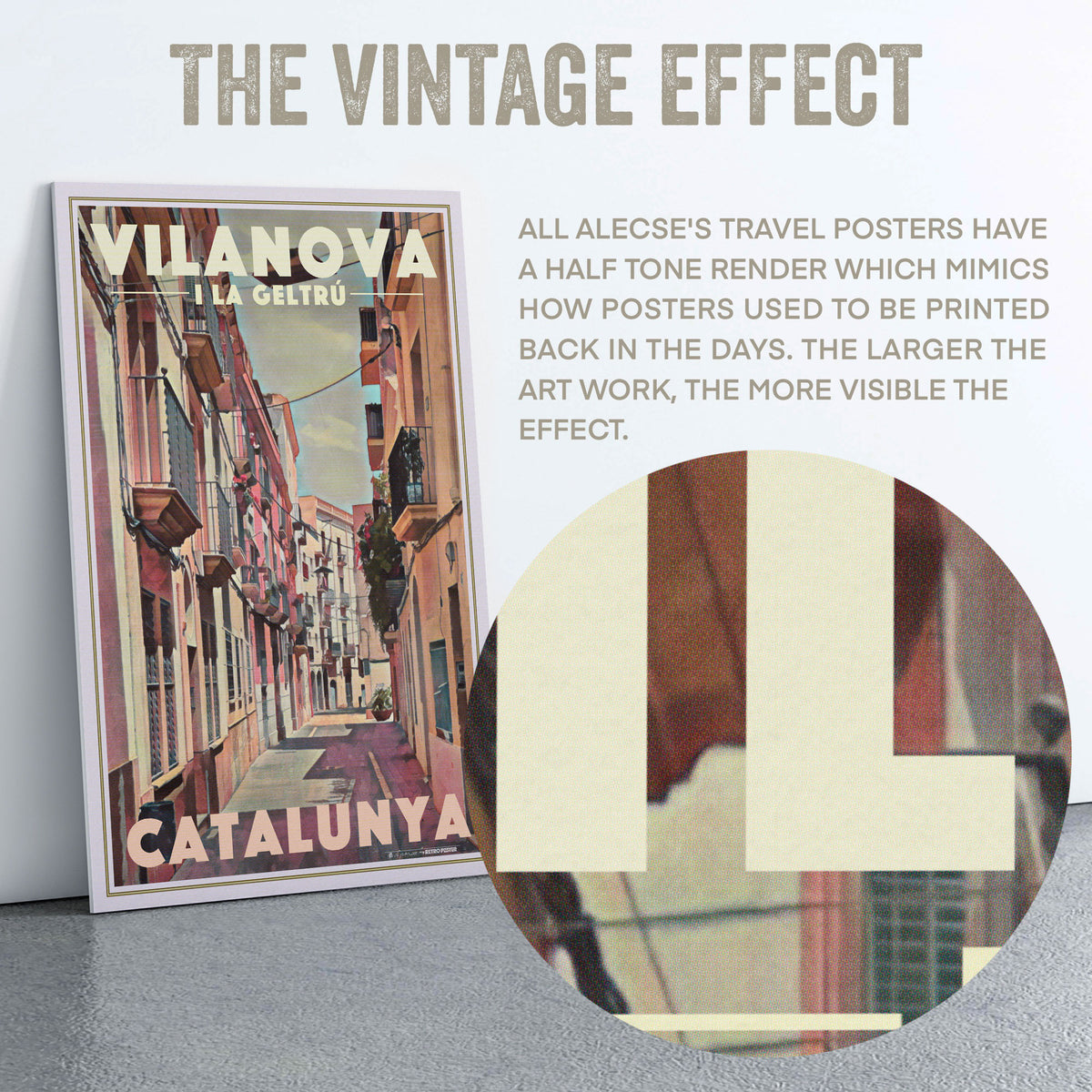 Magnified halftone print detail from the Vilanova Major poster, showing the retro dot texture used in Alecse’s vintage travel artworks.