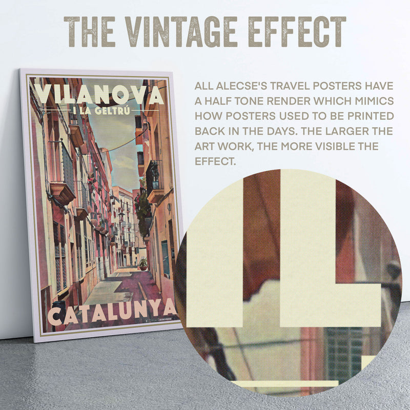 Magnified halftone print detail from the Vilanova Major poster, showing the retro dot texture used in Alecse’s vintage travel artworks.