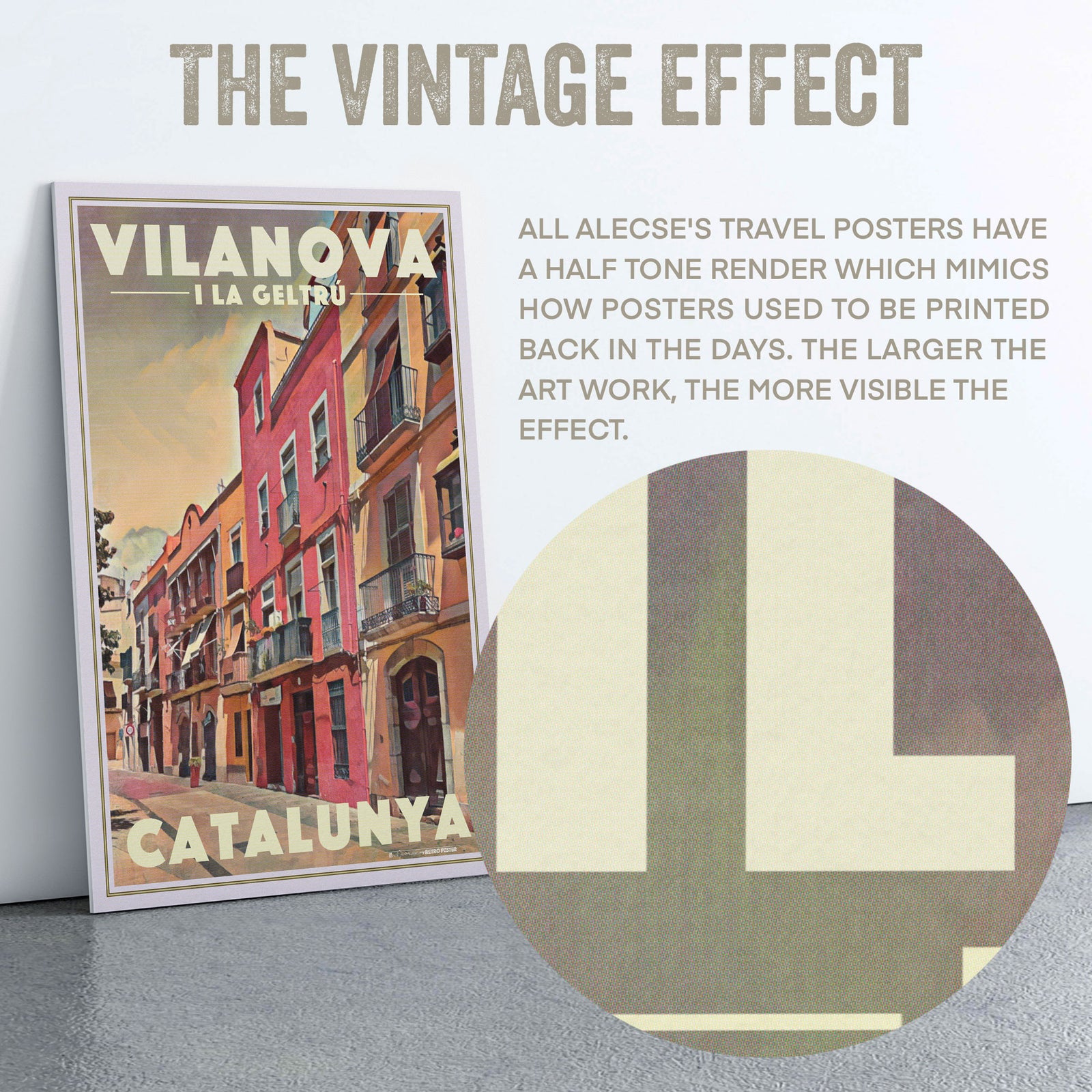 Circular zoom showing the halftone retro effect applied to the Plaça Llarga Vilanova vintage travel poster.