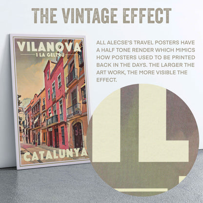 Circular zoom showing the halftone retro effect applied to the Plaça Llarga Vilanova vintage travel poster.