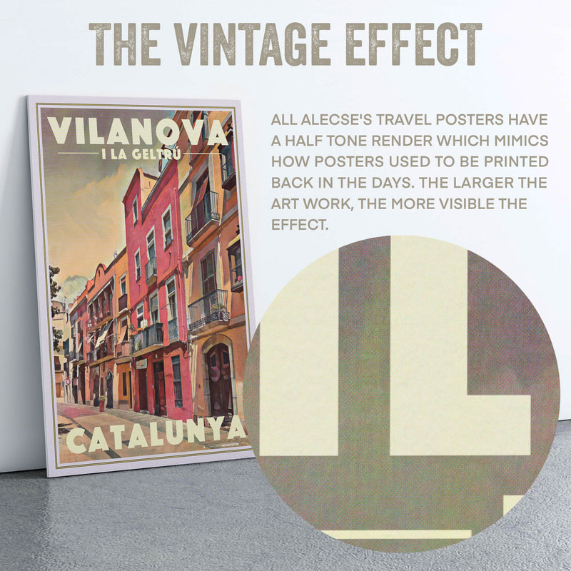 Circular zoom showing the halftone retro effect applied to the Plaça Llarga Vilanova vintage travel poster.