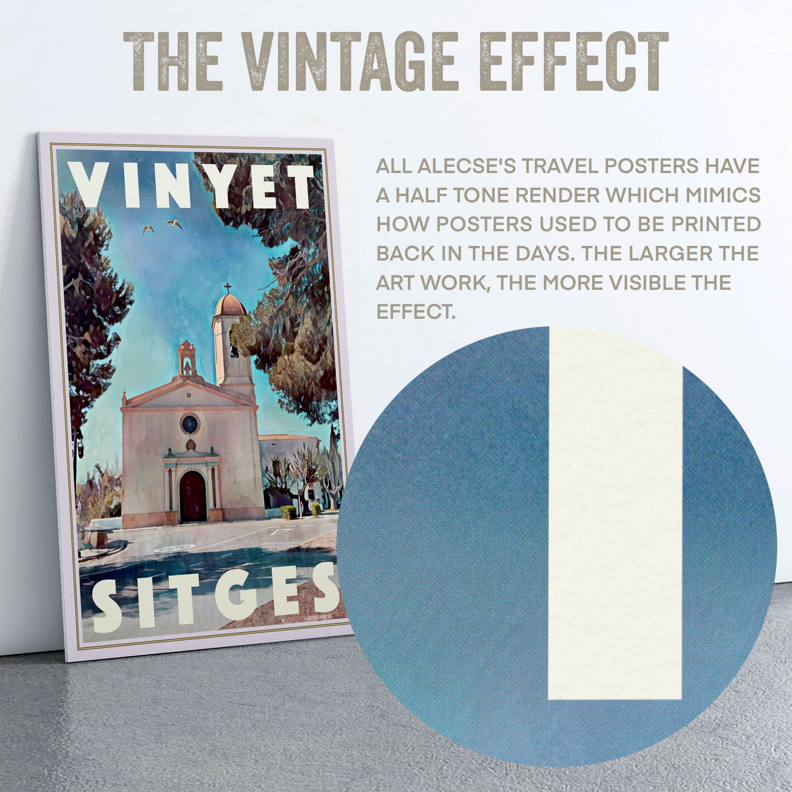 Detail of halftone printing texture from Alecse’s Vinyet Sitges travel poster, showing authentic vintage finish.
