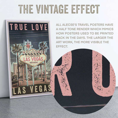 Zoomed-in section of the True Love Las Vegas poster, showcasing Alecse’s vintage travel poster style with half-tone rendering, offering a personalized option for weddings