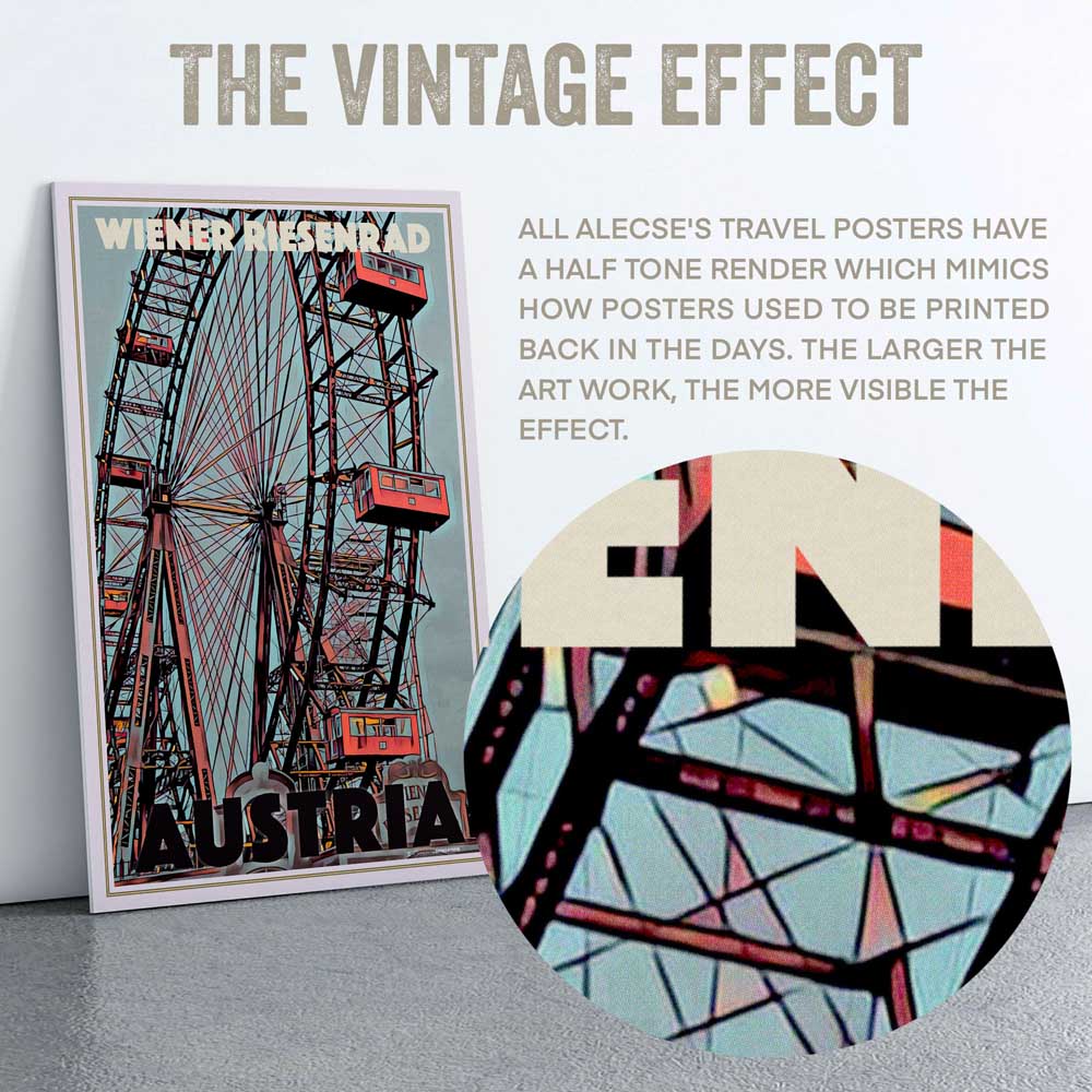 Close-up of Alecse's Wiener Riesenrad poster showing the half-tone illustration technique.